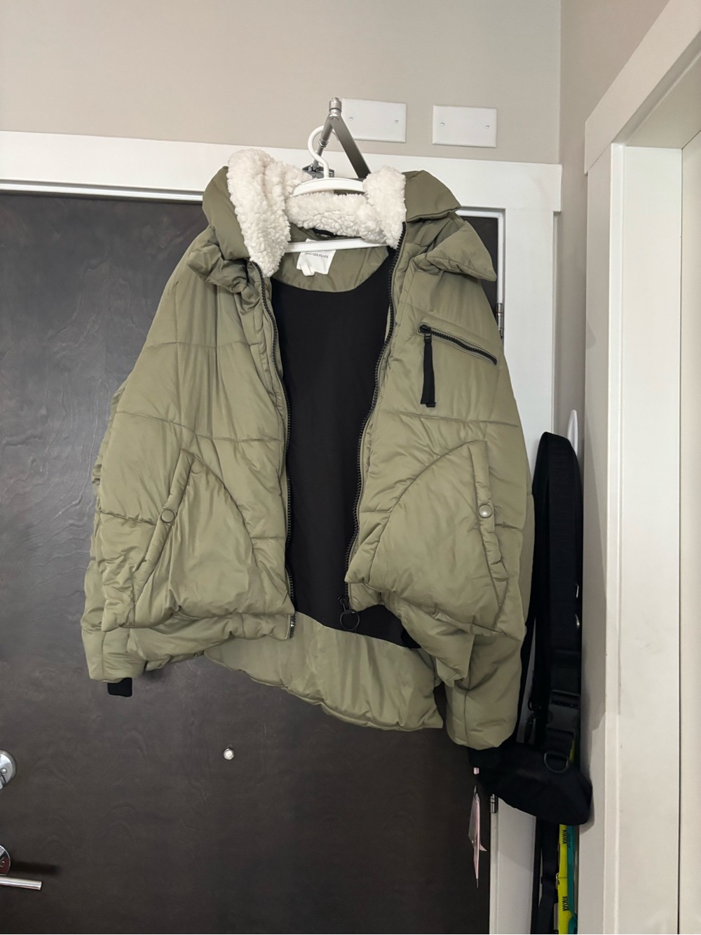 Avec Les Filles Olive Green Sherpa-Trim Puffer Jacket